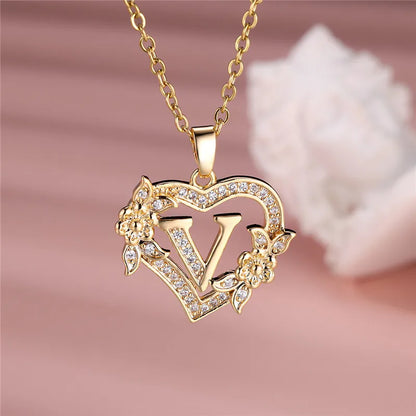 A-Z Letter Flower Heart Pendant Necklace