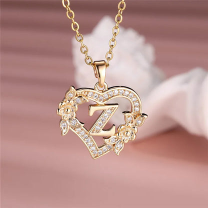 A-Z Letter Flower Heart Pendant Necklace