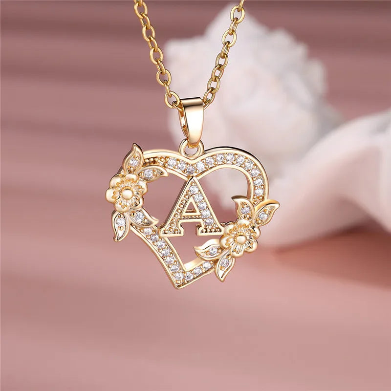 A-Z Letter Flower Heart Pendant Necklace